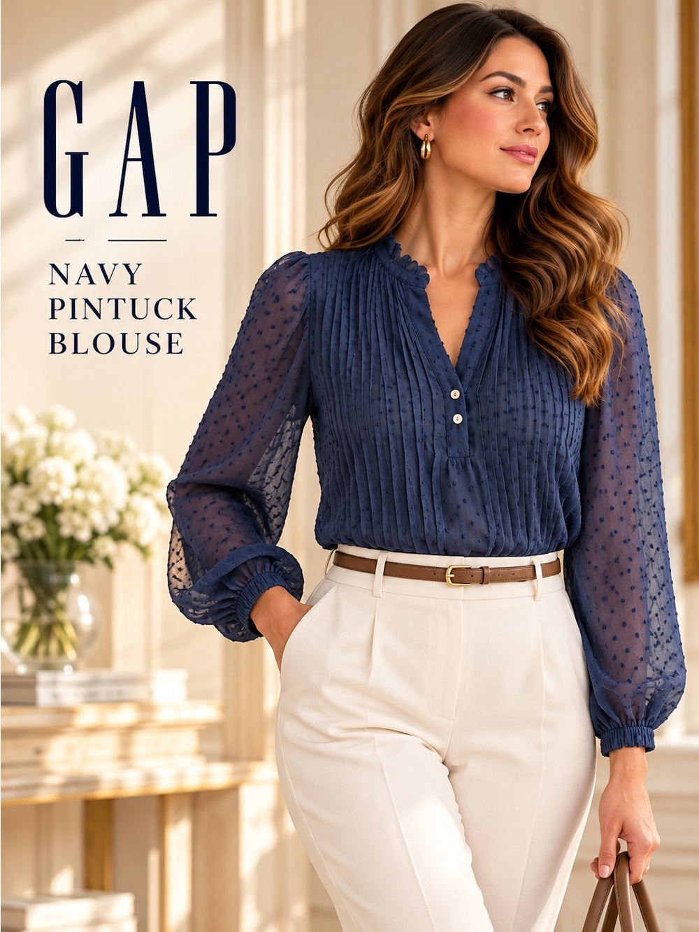 GAP Navy Pintuck Swiss-Dot Blouse